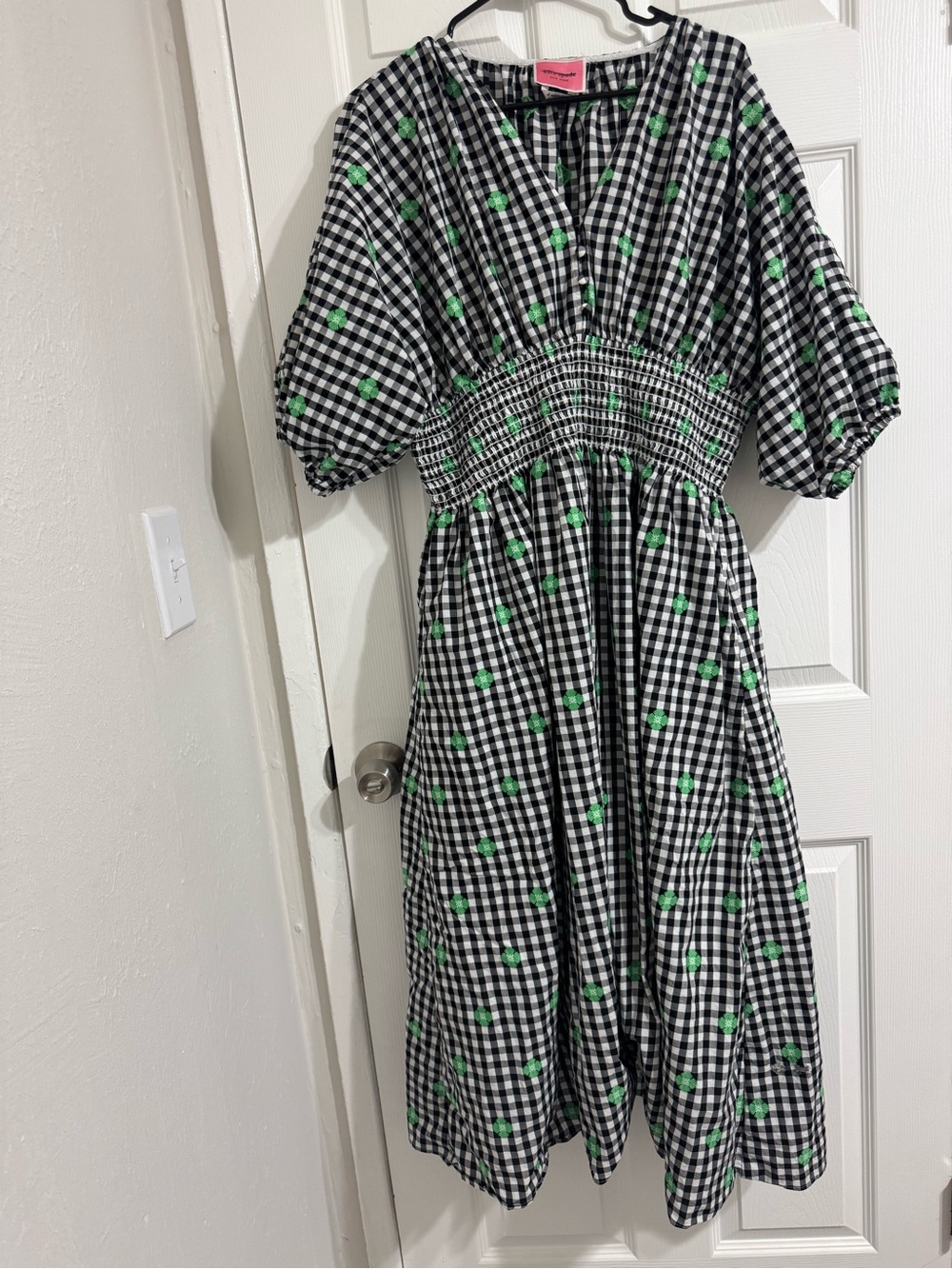 kate spade Black and White Gingham Midi Dress with Green Floral Dots